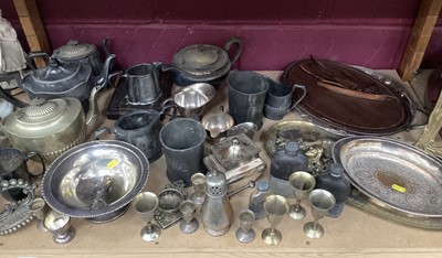 Lot 721 - Two shelves of mixed silver plated trays and metalware