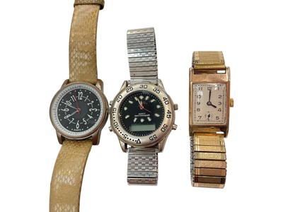 Lot 979 - 1930s 9ct gold cased wristwatch on expandable plated bracelet, together with two other wristwatches (3)