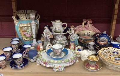 Lot 704 - Large mid 19th century Coalport handpainted floral vase, early 19th century cup and saucer, Meissen jug painted cockerels, pair of figures, Dresden pot with lid, Worcester decorative teaware etc...