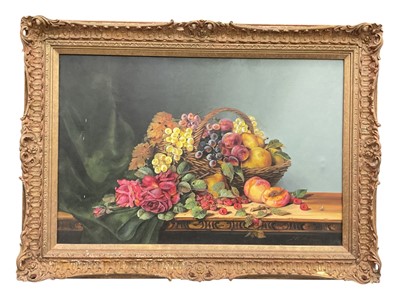 Lot 1110 - Large oil on canvas, still life of fruit and flowers, in gilt frame, 75cm x 49.5cm