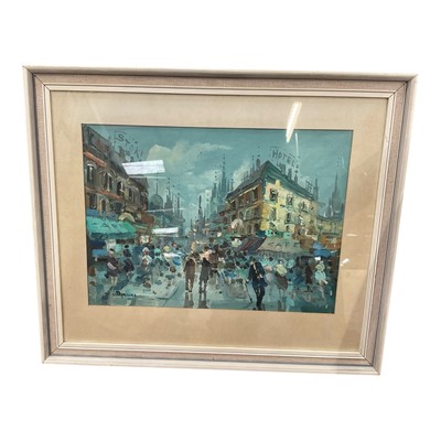 Lot 1114 - French School, gouache, Parisienne scene, 28 x 40cm, glazed frame and a pastel of woods near Pin Mill. (2)