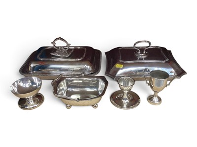 Lot 730 - Silver plate including dinner and tea ware, trays, wine bottle stand and other items (3 shelves)