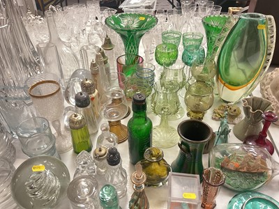Lot 301 - Group of green coloured glassware, art glass vases, various sugar casters, female figure ornaments, other ceramics and glassware