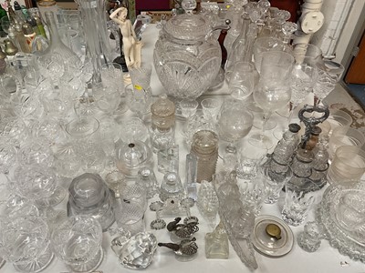 Lot 315 - Group of mixed cut glassware including a large punch bowl with cover and plated ladle, various wine glasses, five piece condiment set in silver plated stand etc
