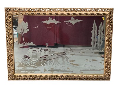 Lot 335 - Large wall mirror with engraved decoration of a horse and carriage, in ornate gilt frame