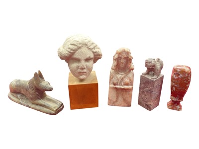 Lot 304 - Antique carved stone miniature classical bust on wooden stand, hardstone seals and an Egyptian carved green hardstone model of Anubis (5)