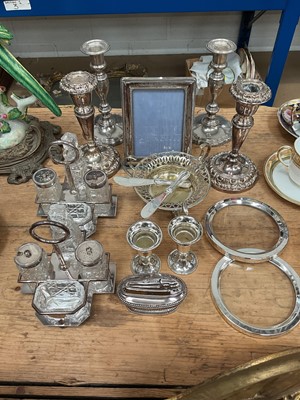 Lot 12 - Group of silver plate, including a two pairs of candlesticks, pair of cruets, etc