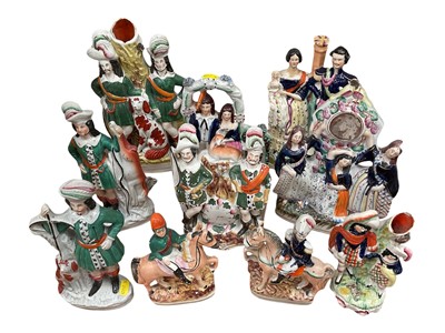 Lot 30 - Group of ten Victorian Staffordshire pottery figure groups inlcuding hunting figures
