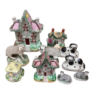 Lot 25 - Group of Victorian Staffordshire pottery animals and houses