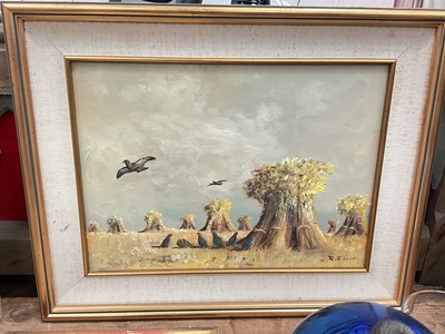 Lot 1156 - R. J. Scott, 20th century, oil on board - Partridges, Pigeons and Grain Stooks, signed, in gilt frame