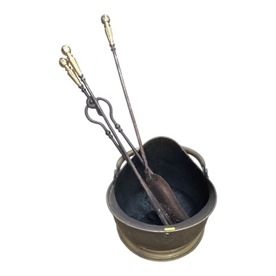 Lot 229 - Three 19th century brass handles fire irons and copper coal scuttle