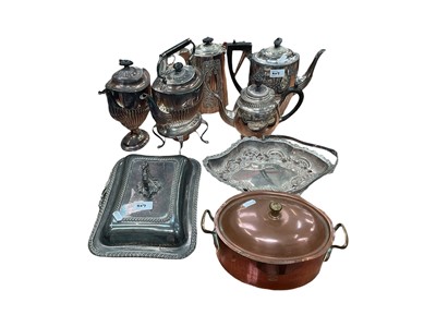Lot 407 - Group of silver plate including tea and coffee pots, large tray, other dishes, copper items, together with two pairs of silver sugar nips