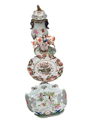 Lot 20 - Group of 19th century ceramics, including a pair of Mason's ironstone shell dishes, pair of Mason's plates, a Maon's style twin handled vase and cover, and a Staffordshire group of a milkmaid an...