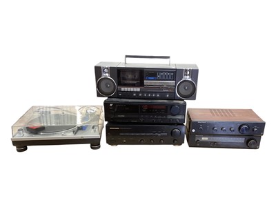 Lot 702 - Selection of audio equipment including a Technics direct drive turntable SL-1200MM2 and other audio equipment.