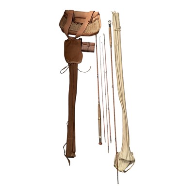 Lot 58 - Hardy Perfection Palakona split cane fly rod, another, both in canvas bags, Hardy leather fly wallet and a canvas and leather sporting bag