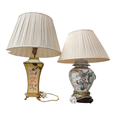 Lot 68 - Chinese oviform lamp and a decorative tin lamp, both with shades
