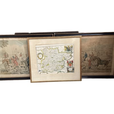 Lot 1190 - Archibald Thorburn limited edition print of a woodcock, group of antique Henry Alken sporting engravings and two maps, all in glazed frames