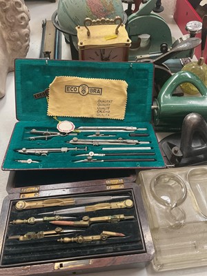 Lot 305 - Two vintage drawing sets, two desk globes, Smiths clock, desk stamps and other vintage office equipment