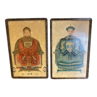 Lot 1148 - Chinese Qing style pair of painted Ancerstor portraits, in lacquered frames, each 132 x 83cm