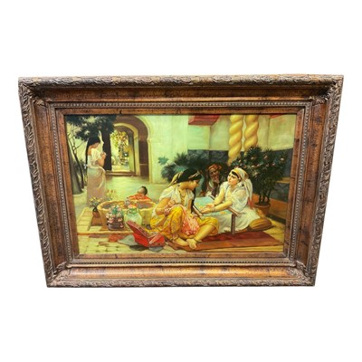 Lot 1149 - Orientalist style oil on canvas, figures in a courtyard, signed Jasmin, 61 x 91cm, framed