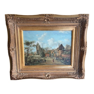Lot 1150 - 17th century Dutch style oil on panel, landscape with church and figures, 32 x 38cm, framed