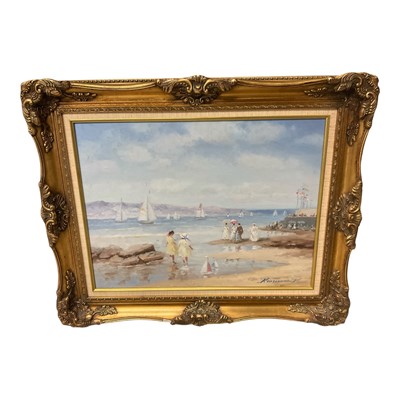 Lot 1153 - Russian School, oil on canvas, Beach and figures, signed, 48 x 60cm, framed