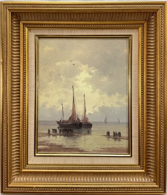 Lot 340 - Russian School, oil on canvas, unloading the ship, signed and titled verso, 28 x 22cm, framed