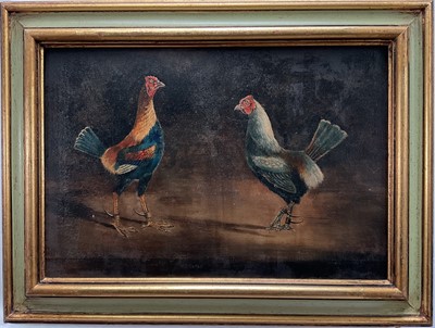 Lot 305 - English School oil on board - Two Fighting Cocks, 33cm x 48cm, in gilt frame