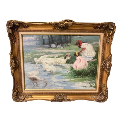 Lot 1158 - Russian School, oil on canvas, Figures and ducks, signed, 48 x 60cm, framed