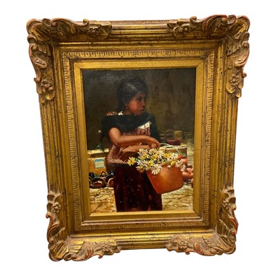 Lot 1161 - Miguel Angel Torres (Puerto Rican), oil on canvas, girl with flowers, signed and dated '83, 41 x 31cm, framed