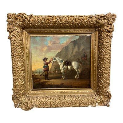 Lot 1160 - 19th century Continental oil on canvas, 17th century soldiers and horses, 32 x 34cm, framed
