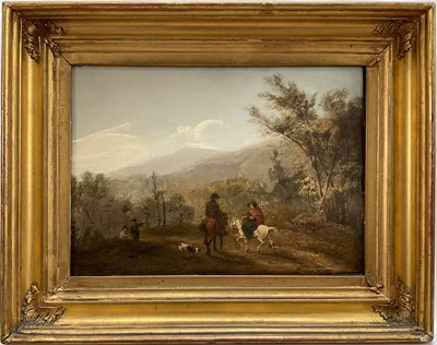 Lot 321 - English School, 19th century, oil on panel - Figures in Mountainous Landscape, 23cm x 31.5cm, in gilt frame