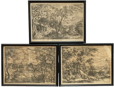 Lot 322 - Three antique black and and white engravings after Old Masters depicting classical scenes, 36cm x 49.5cm, in ebonised frames (3)