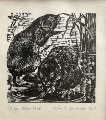 Lot 325 - Leslie Charlotte Benensen (1941-2018) signed limited edition wood engraving - Watervoles, 69/70, dated 1972, 7.5cm x 6.5cm, in glazed frame