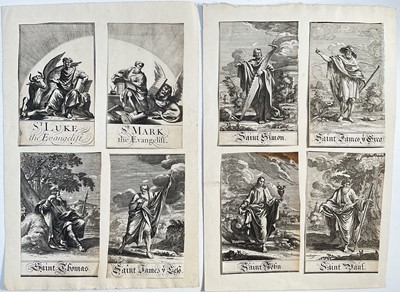 Lot 326 - Eight antique black and white engravings depicting Saints, mounted on two sheets of paper, 12.5cm x 8cm, each engraving