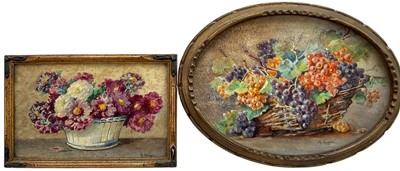 Lot 327 - Two early 20th century English School watercolours - Still Life Flowers and Basket of Grapes, both indistinctly signed, 8 x 13cm and 12 x 17cm, in glazed frames