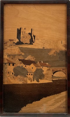 Lot 330 - Charles Spindler (1865-1938) marquetry panel depicting a hilltop castle, signed, 30cm x 18cm, in glazed frame