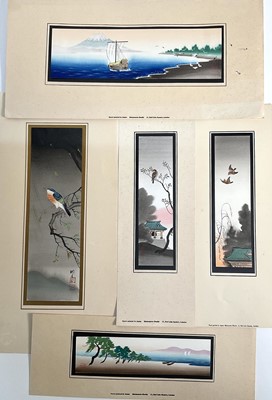 Lot 331 - Matsumoto Studio, five Japanese watercolours depicting landscapes and birds, unframed, three 19cm x 5cm, two 25.5cm x 7.5cm (5)