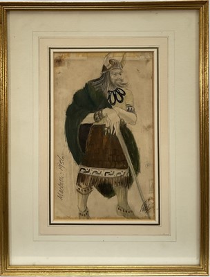 Lot 336 - English School, mid 20th century, pencil and watercolour costume design for Macbeth, dated 1956, indistinctly signed, 24cm x 15cm, in glazed gilt frame