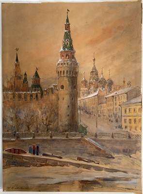 Lot 337 - Vadim Dmitrievic Falileev, (Russian 1879-1950) pencil and watercolour - View of Moscow, signed, unframed, 62cm x 45cm