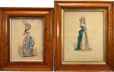 Lot 339 - Two 19th century French hand coloured fashion prints depicting elegant ladies, in good maple veneered frames, 31 x 26cm and 34.5cm x 29.5cm overall framed size