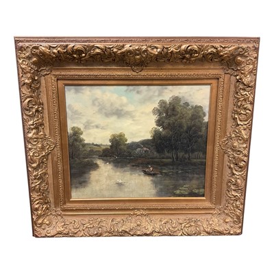 Lot 1162 - Victorian style oil on canvas, Boating scene, signed, 56 x 63cm, heavy gilt frame