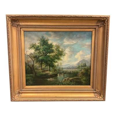 Lot 1163 - Victorian style oil on canvas, River landscape, 52 x 58cm, gilt frame