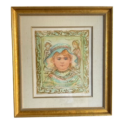 Lot 1165 - Edna Hibel (1917-2014), signed print, Portrait, inscribed 'Artists proof and pastels', 43 x 36cm, glazed frame, together with two ceramic dishes with Edna Hibel designs, framed. (3)
