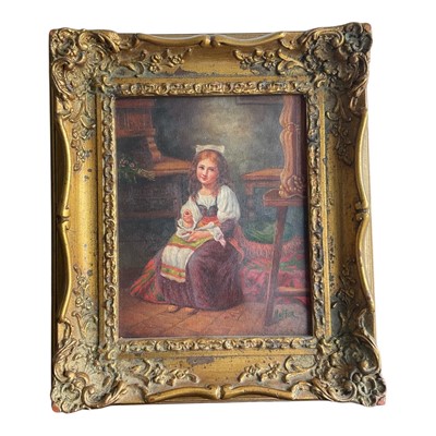 Lot 1164 - Victorian style oil on canvas, girl seated eating cherries in an interior, 25 x 19cm, framed