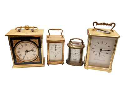 Lot 324 - E. A. Barker Ltd London miniature carriage clock, one other miniature carriage clock, German Aug. Shaltz & Sons carriage clock and President quartz time piece (4)