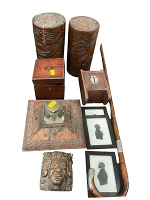 Lot 152 - Miscellaneous works of art including late Victorian silver mounted cane, carved walnut mask, Regency tea caddy, collection of pen knives, military compass etc