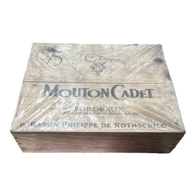 Lot 64 - Three bottles, Mouton Cadet Bordeaux 2005, Baron Philippe de Rothschild, in original sealed wooden case