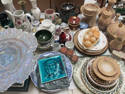 Lot 319 - Group of decorative ceramics including a Royal Doulton flambé vase, Portmeirion Botanic Garden teapot (missing lid), Royal Worcester Empress boxed coffee set etc