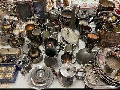 Lot 320 - Large quantity of silver plate including a candelabrum, ice buckets, tea and coffee pots etc, together with pewter tankards and other metalwares